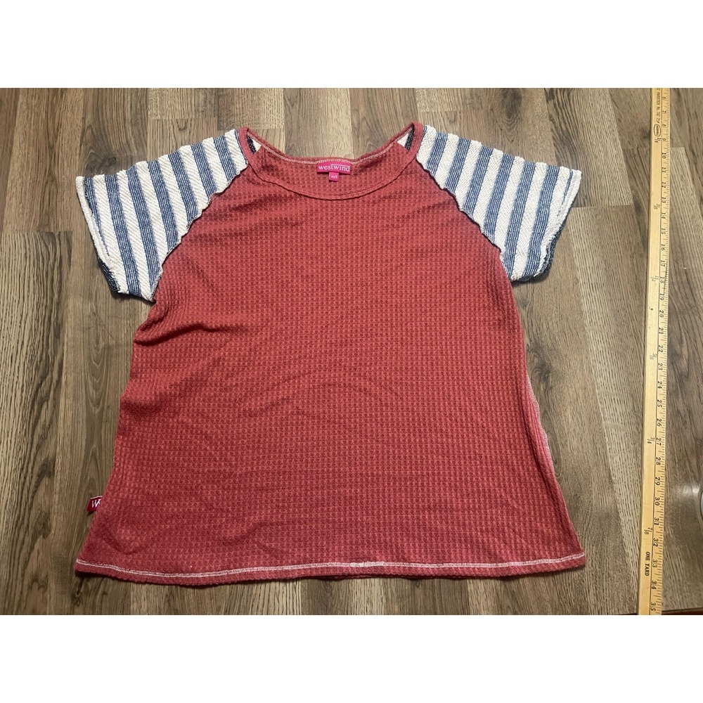 West Wind Shirt, Women's Size M/L, Orange, Blue White Striped, Waffle Knit